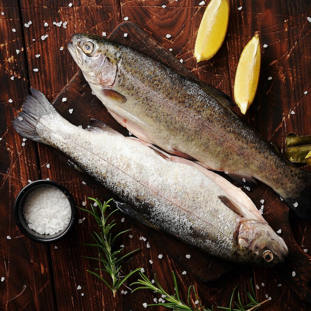 Fresh trout with lemon on board